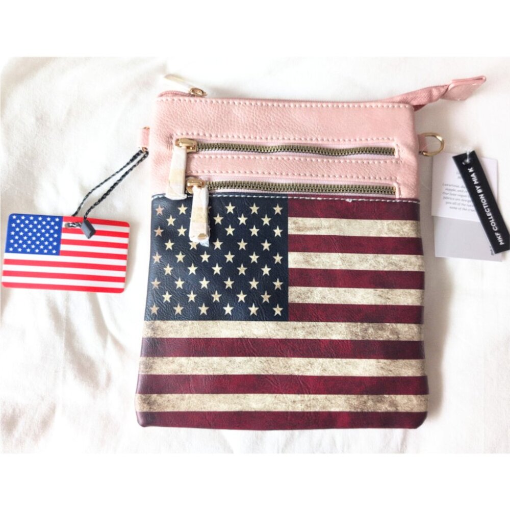 MKF Collection Genesis Crossbody Purse Square American Flag Pink Gold NWT